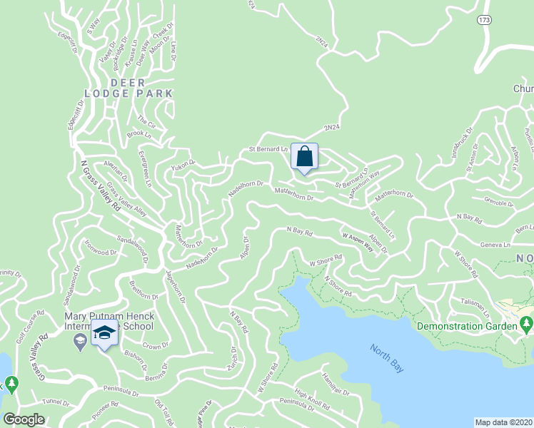 map of restaurants, bars, coffee shops, grocery stores, and more near 27547 Alpen Drive in Lake Arrowhead