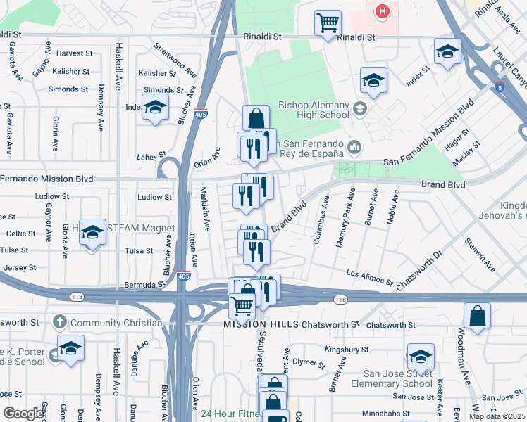 map of restaurants, bars, coffee shops, grocery stores, and more near 11010 Sepulveda Blvd in Los Angeles