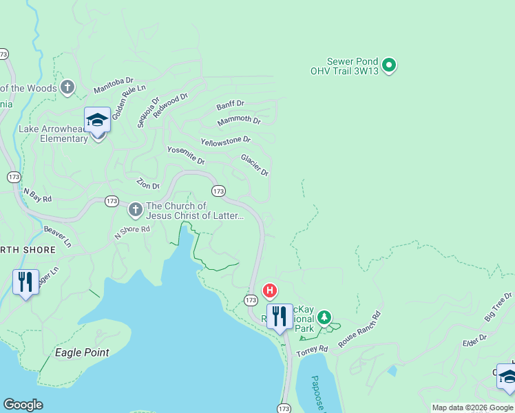 map of restaurants, bars, coffee shops, grocery stores, and more near 1159 Yellowstone Drive in Lake Arrowhead