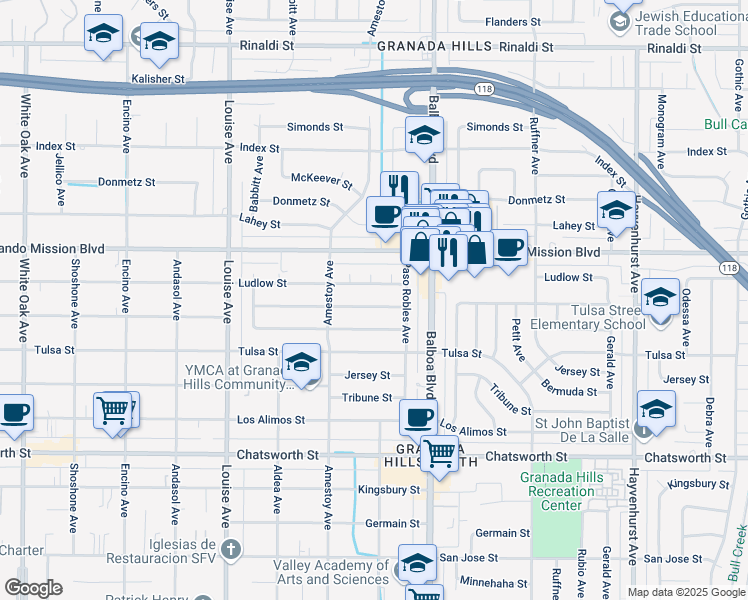 map of restaurants, bars, coffee shops, grocery stores, and more near 17069 Horace Street in Los Angeles