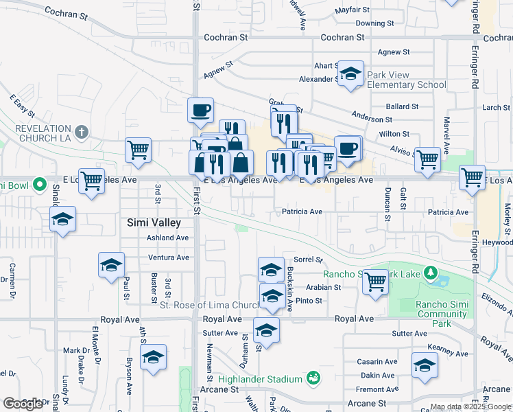 map of restaurants, bars, coffee shops, grocery stores, and more near 1280 Patricia Avenue in Simi Valley