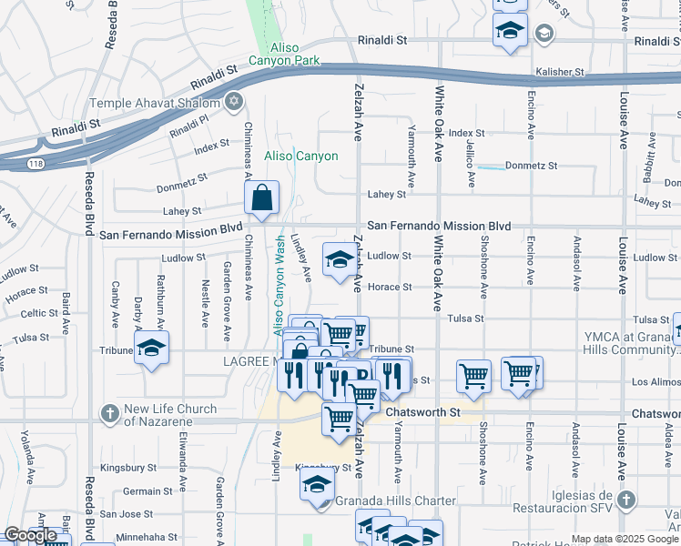map of restaurants, bars, coffee shops, grocery stores, and more near 17916 Ludlow Street in Los Angeles