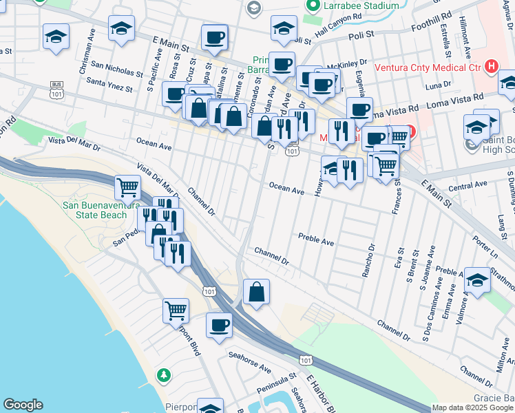 map of restaurants, bars, coffee shops, grocery stores, and more near 492 South Seaward Avenue in Ventura