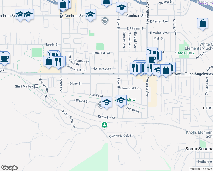 map of restaurants, bars, coffee shops, grocery stores, and more near 5520 Geoffrey Avenue in Simi Valley