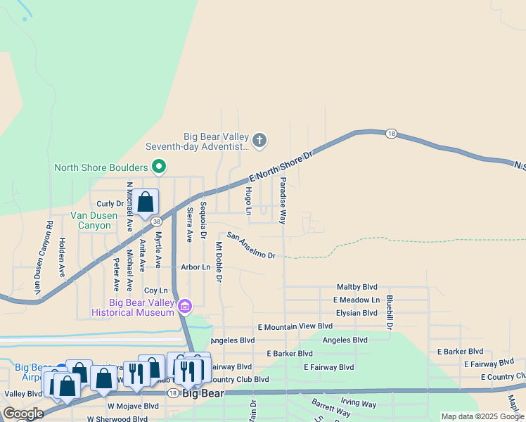 map of restaurants, bars, coffee shops, grocery stores, and more near 1048 Circle Drive in Big Bear