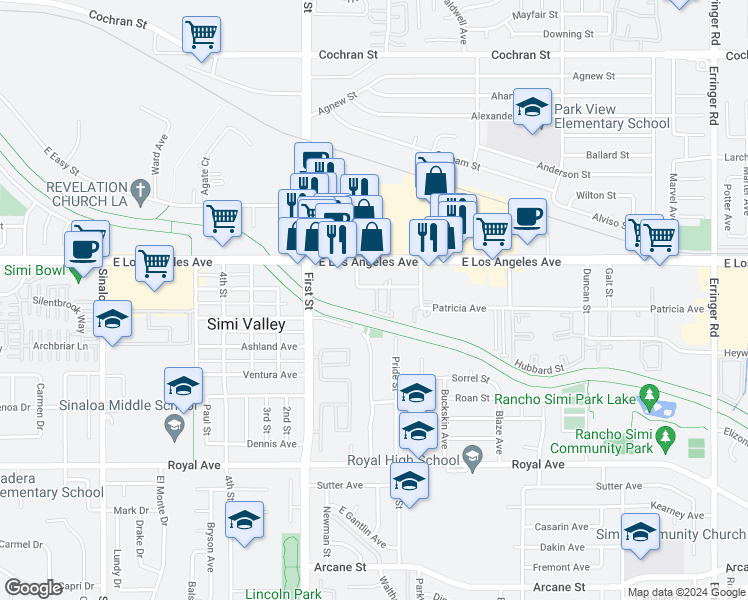 map of restaurants, bars, coffee shops, grocery stores, and more near 1226 Patricia Avenue in Simi Valley