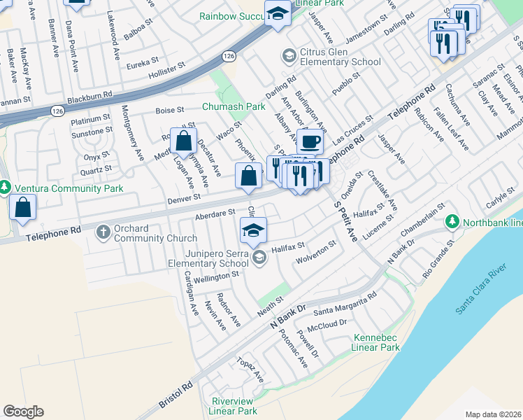 map of restaurants, bars, coffee shops, grocery stores, and more near 8967 Aberdare Street in Ventura