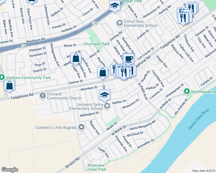 map of restaurants, bars, coffee shops, grocery stores, and more near 1205 Chelan Lane in Ventura