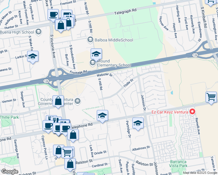 map of restaurants, bars, coffee shops, grocery stores, and more near 760 South Hill Road in Ventura