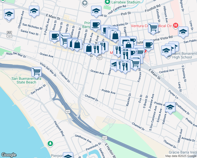 map of restaurants, bars, coffee shops, grocery stores, and more near 417 South Evergreen Drive in Ventura