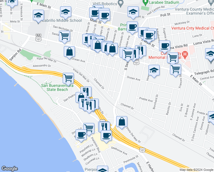 map of restaurants, bars, coffee shops, grocery stores, and more near 541 Coronado Street in Ventura