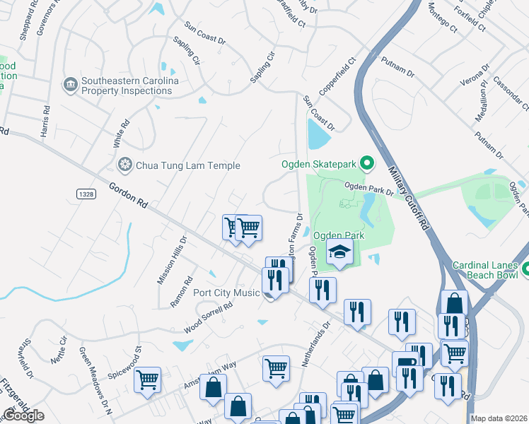 map of restaurants, bars, coffee shops, grocery stores, and more near 6802 Buckhurst Court in Wilmington