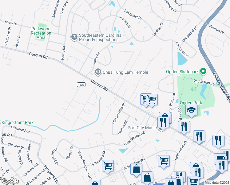 map of restaurants, bars, coffee shops, grocery stores, and more near 6325 Gordon Road in Wilmington