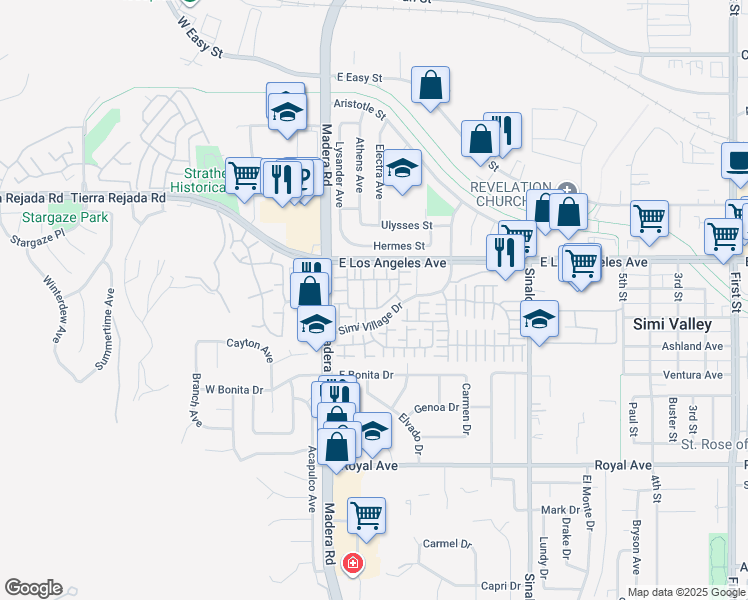 map of restaurants, bars, coffee shops, grocery stores, and more near 145 Farmhouse Drive in Simi Valley