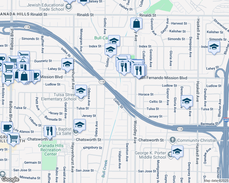 map of restaurants, bars, coffee shops, grocery stores, and more near 11008 Swinton Avenue in Los Angeles