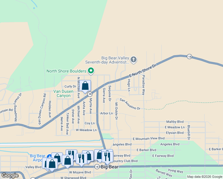 map of restaurants, bars, coffee shops, grocery stores, and more near 1080 Sequoia Drive in Big Bear
