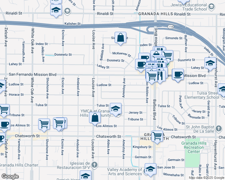 map of restaurants, bars, coffee shops, grocery stores, and more near 17213 Horace Street in Los Angeles