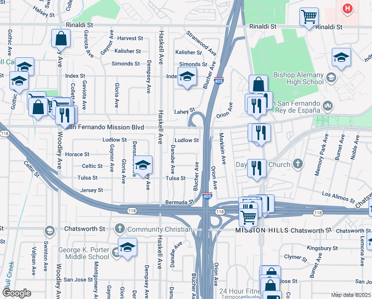 map of restaurants, bars, coffee shops, grocery stores, and more near 15703 Horace Street in Los Angeles