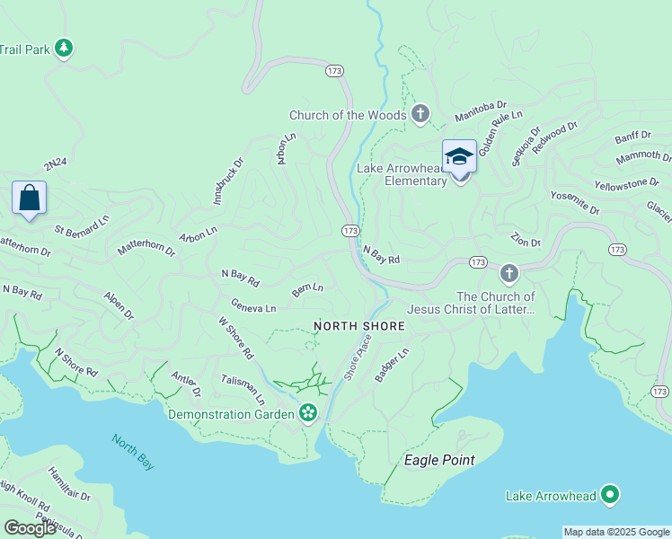 map of restaurants, bars, coffee shops, grocery stores, and more near Lucerne Lane in Lake Arrowhead