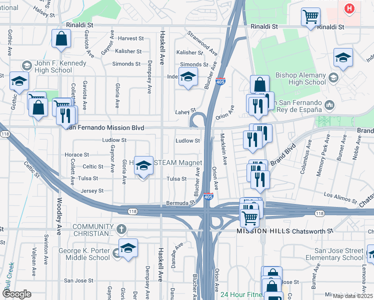 map of restaurants, bars, coffee shops, grocery stores, and more near 15703 Horace Street in Los Angeles