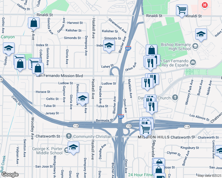 map of restaurants, bars, coffee shops, grocery stores, and more near 15639 Horace Street in Los Angeles