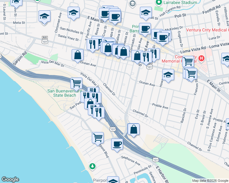 map of restaurants, bars, coffee shops, grocery stores, and more near 586 San Clemente Street in Ventura