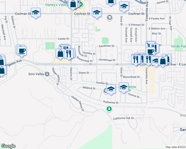 map of restaurants, bars, coffee shops, grocery stores, and more near 5376 Diane Street in Simi Valley