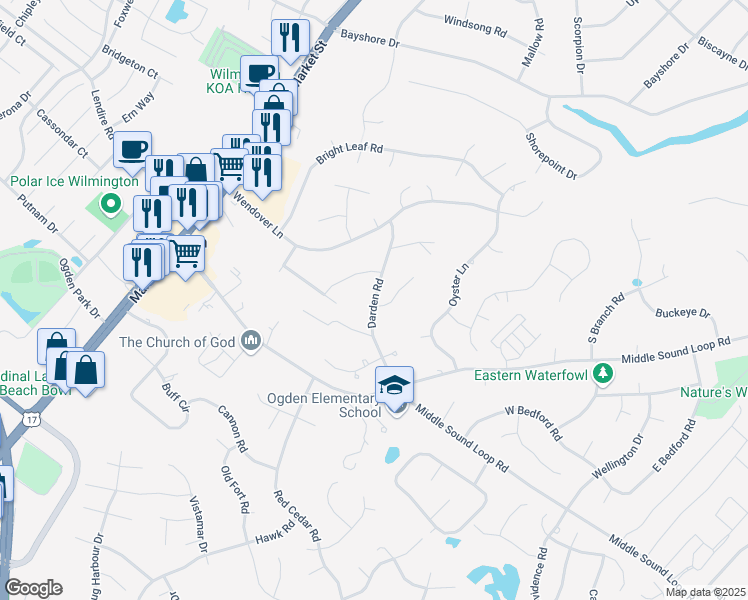 map of restaurants, bars, coffee shops, grocery stores, and more near 7322 Darden Road in Wilmington