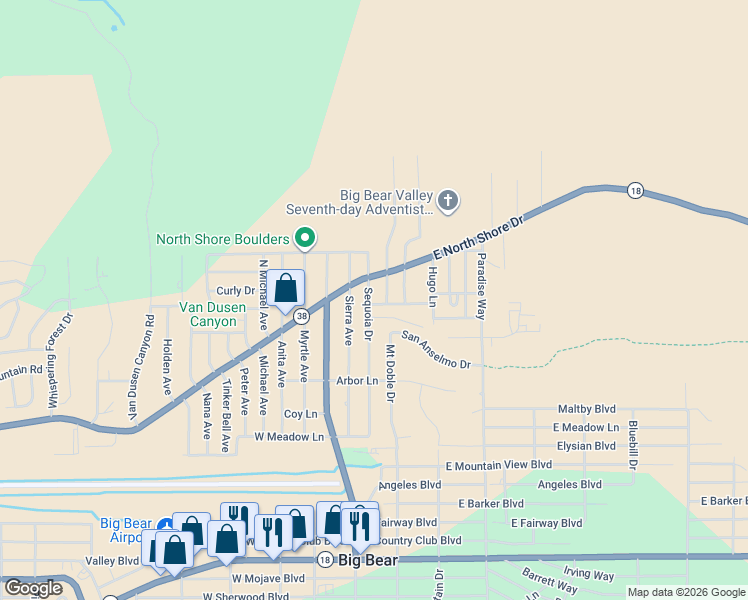 map of restaurants, bars, coffee shops, grocery stores, and more near 1080 Sequoia Drive in Big Bear
