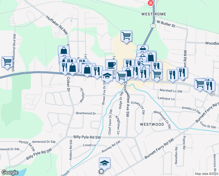 map of restaurants, bars, coffee shops, grocery stores, and more near 5 Brown Fox Drive Southwest in Rome