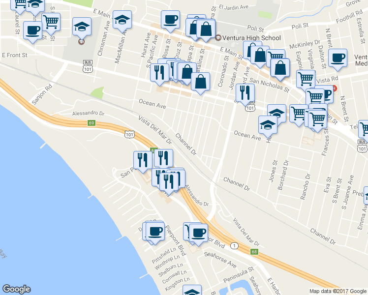 map of restaurants, bars, coffee shops, grocery stores, and more near 2102 Channel Drive in Ventura