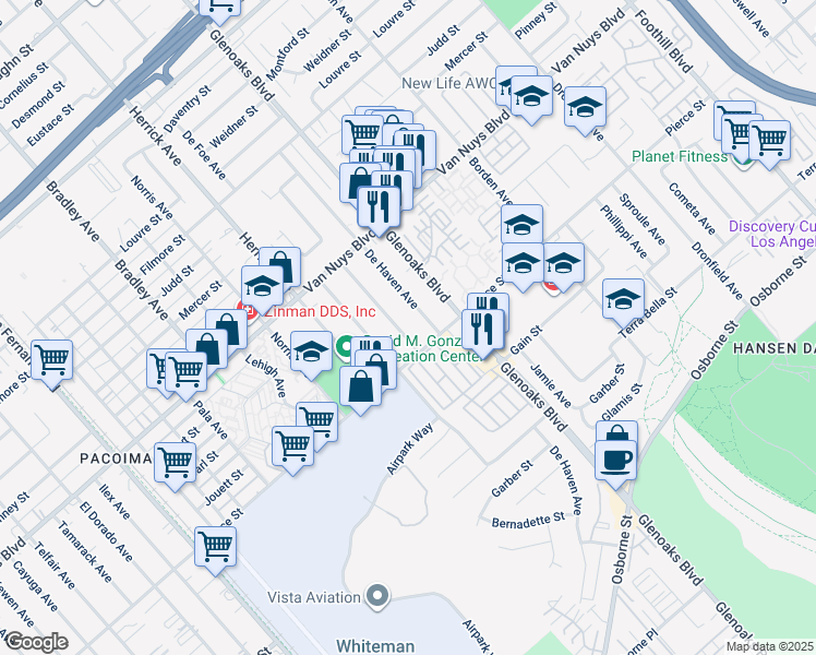 map of restaurants, bars, coffee shops, grocery stores, and more near 11030 De Garmo Avenue in Los Angeles
