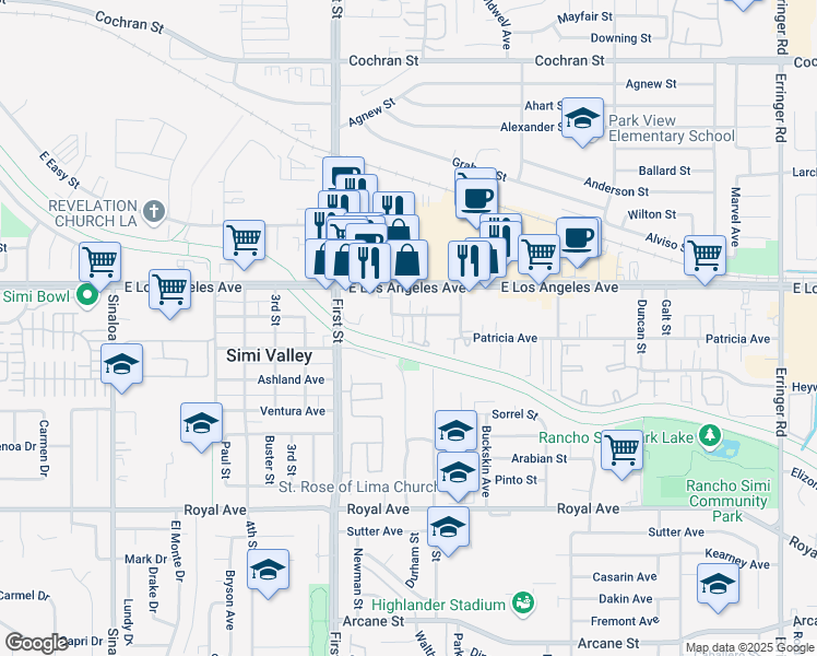 map of restaurants, bars, coffee shops, grocery stores, and more near 1226 Patricia Avenue in Simi Valley