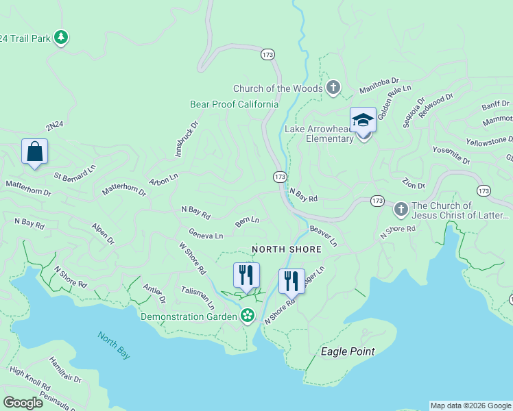 map of restaurants, bars, coffee shops, grocery stores, and more near 1030 Lucerne Lane in Lake Arrowhead