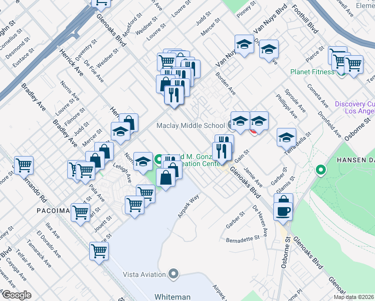 map of restaurants, bars, coffee shops, grocery stores, and more near 11030 De Garmo Avenue in Los Angeles