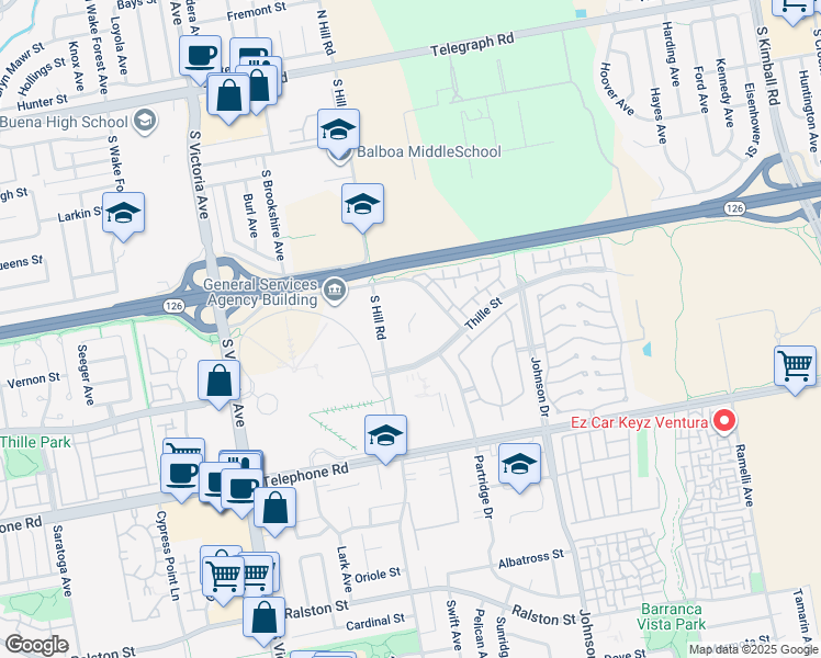 map of restaurants, bars, coffee shops, grocery stores, and more near 760 South Hill Road in Ventura
