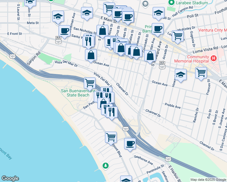 map of restaurants, bars, coffee shops, grocery stores, and more near 2024 Vista Del Mar Drive in Ventura