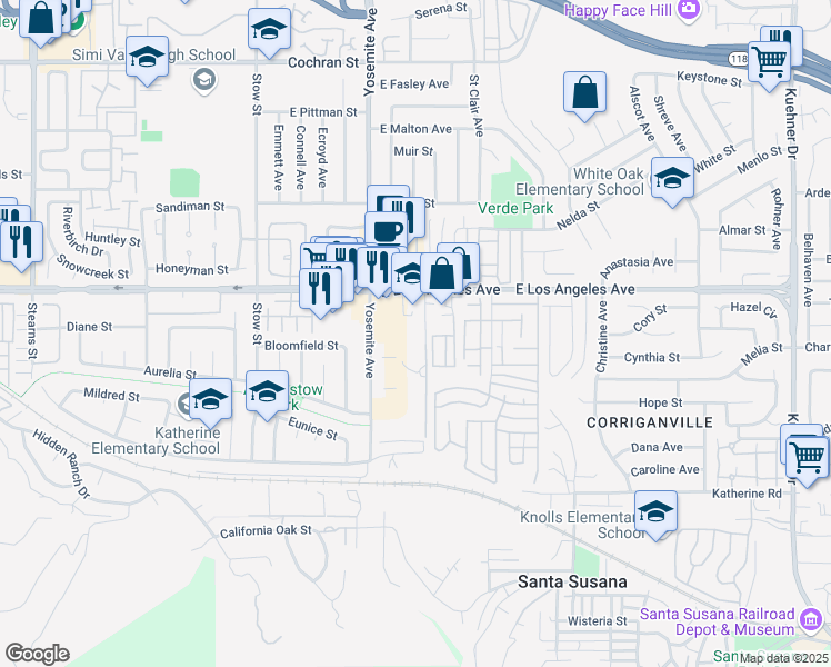 map of restaurants, bars, coffee shops, grocery stores, and more near 1845 Oak Road in Simi Valley