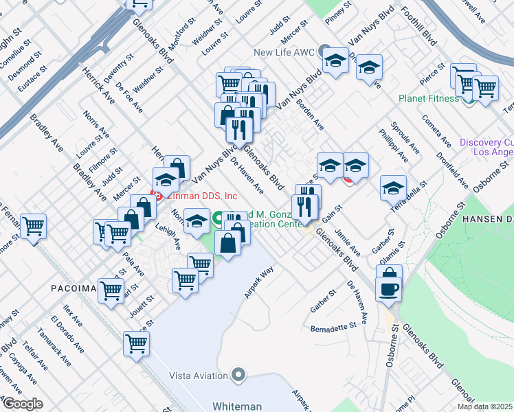 map of restaurants, bars, coffee shops, grocery stores, and more near 11030 De Garmo Avenue in Los Angeles