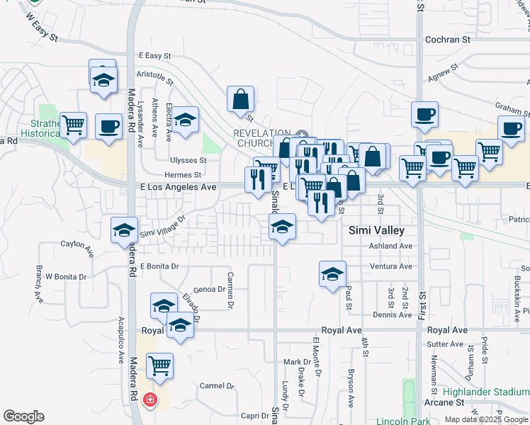 map of restaurants, bars, coffee shops, grocery stores, and more near 477 Scatterwood Lane in Simi Valley