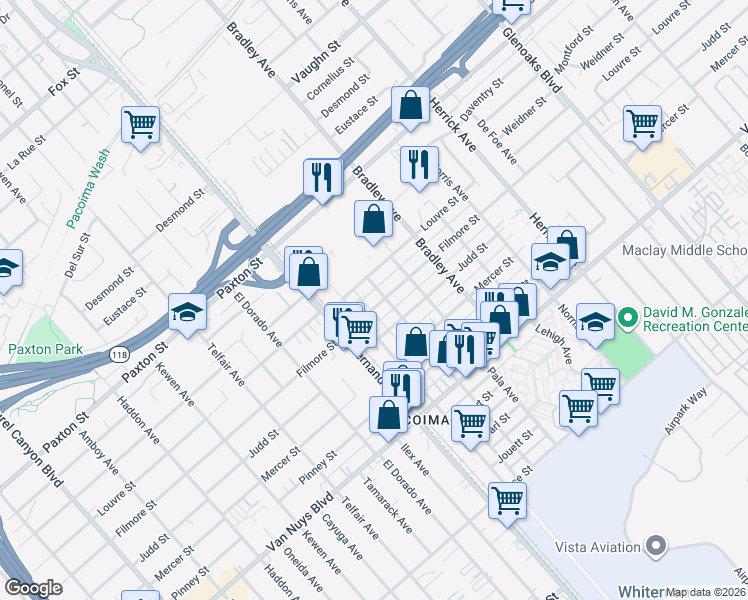 map of restaurants, bars, coffee shops, grocery stores, and more near 13333 Filmore Street in Los Angeles