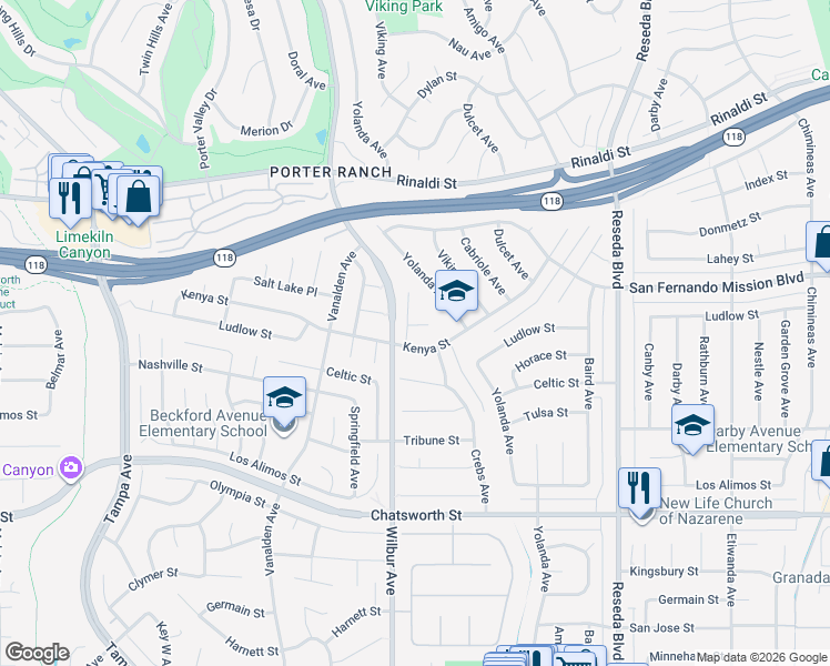 map of restaurants, bars, coffee shops, grocery stores, and more near 18603 Salt Lake Place in Los Angeles