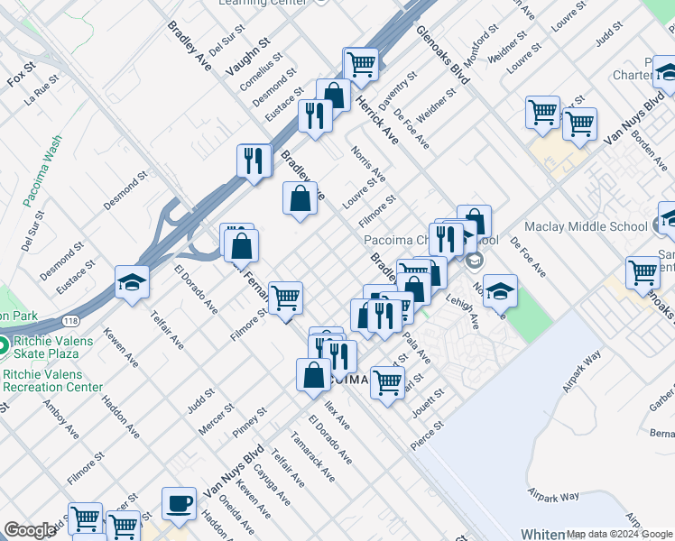 map of restaurants, bars, coffee shops, grocery stores, and more near 13261 Judd Street in Los Angeles