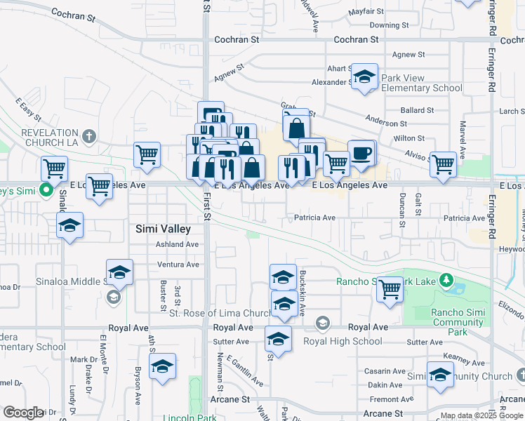 map of restaurants, bars, coffee shops, grocery stores, and more near 1246 Patricia Avenue in Simi Valley