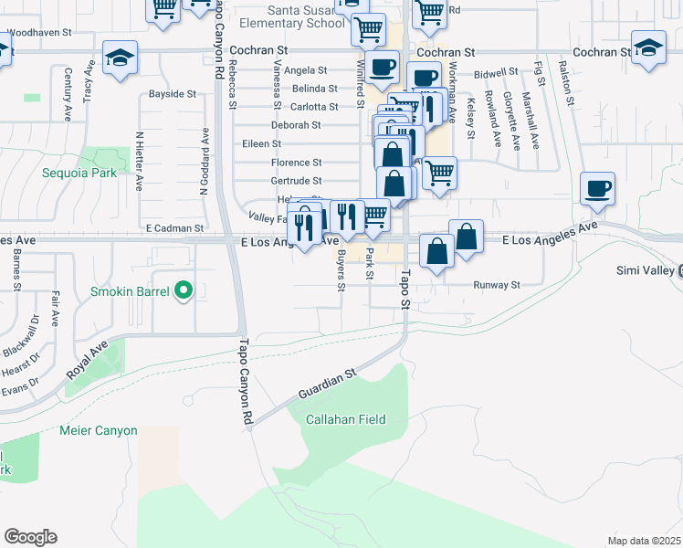 map of restaurants, bars, coffee shops, grocery stores, and more near 1850 Buyers Street in Simi Valley