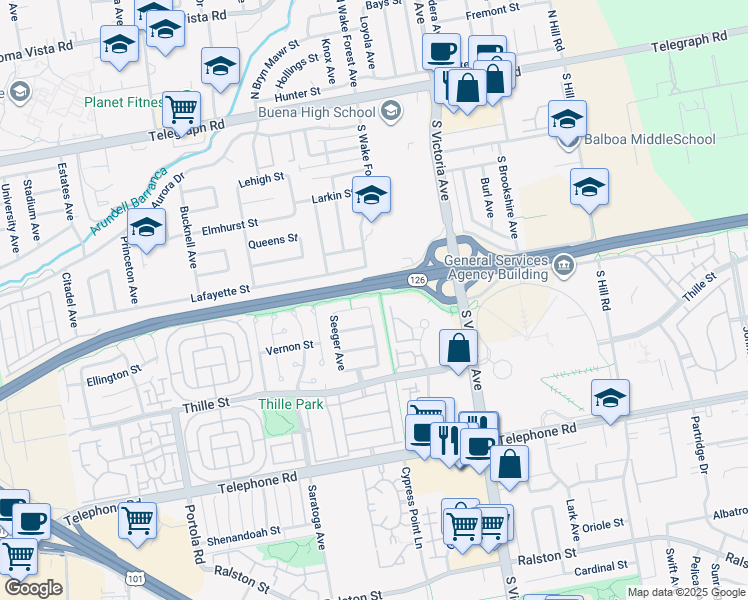 map of restaurants, bars, coffee shops, grocery stores, and more near 5665 Tull Street in Ventura