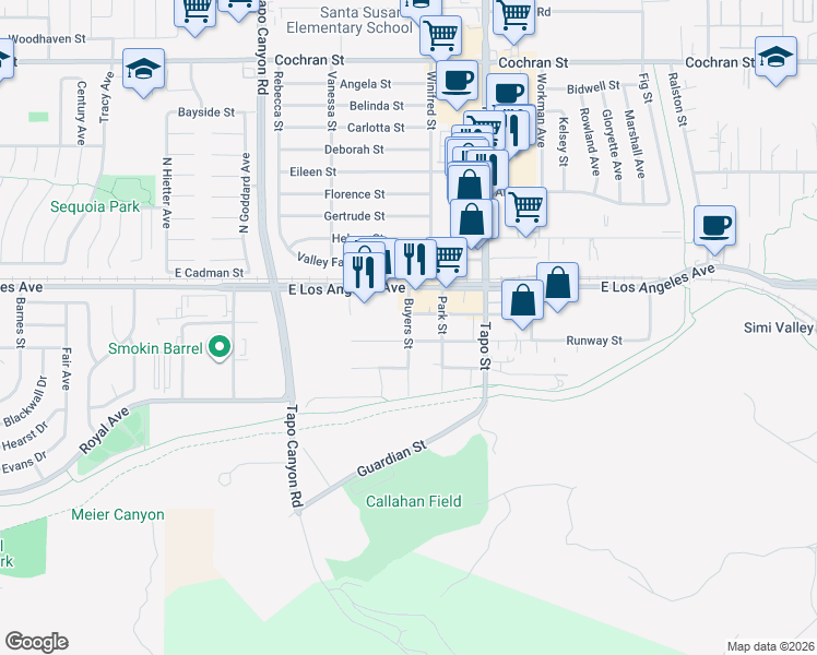 map of restaurants, bars, coffee shops, grocery stores, and more near 1850 Buyers Street in Simi Valley