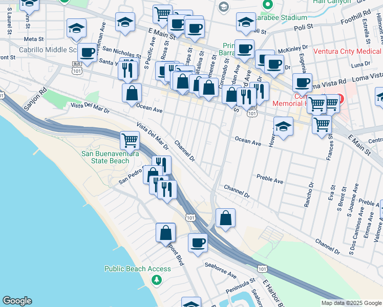 map of restaurants, bars, coffee shops, grocery stores, and more near 590 San Clemente Street in Ventura