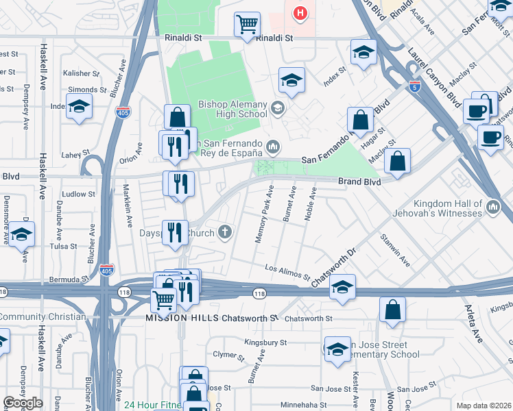 map of restaurants, bars, coffee shops, grocery stores, and more near 11017 Memory Park Avenue in Los Angeles