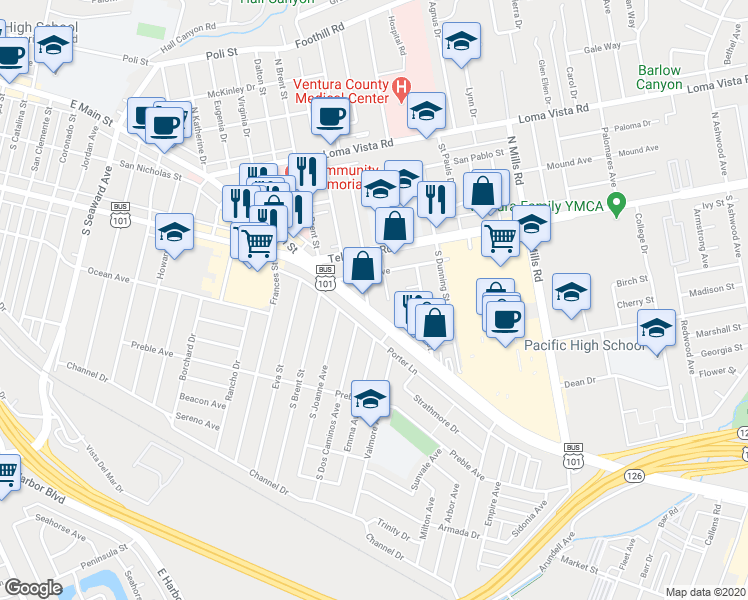 map of restaurants, bars, coffee shops, grocery stores, and more near 3059 U.S. 101 Business in Ventura